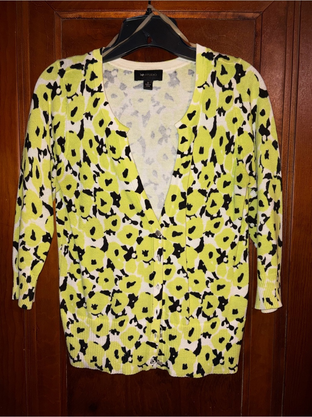 AB Studio Yellow Black White Floral-Spot Button Cardigan